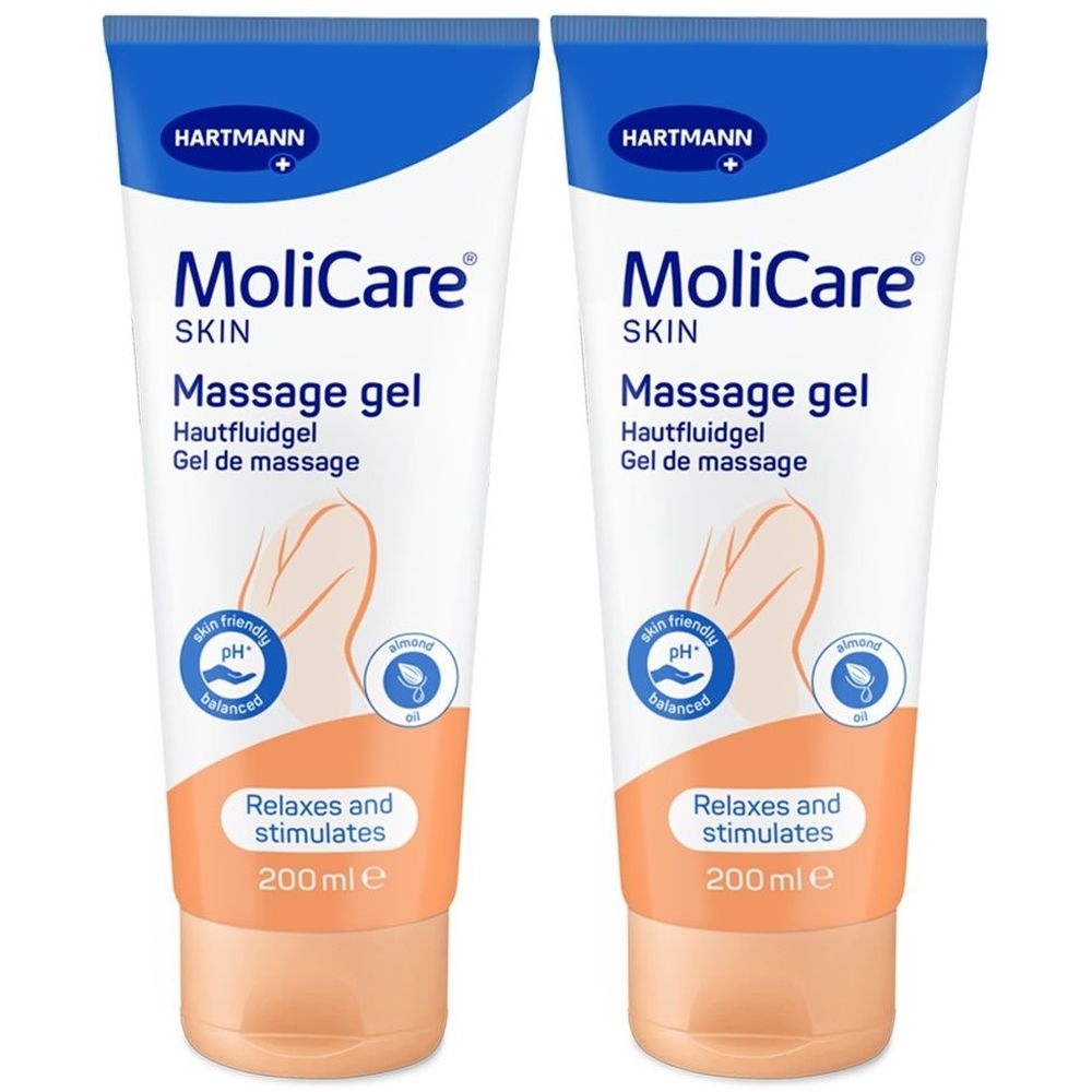 Zwei Tuben MoliCare Skin Massagegel. Weiß-orangefarbene Tuben mit blauer Schrift. Enthält Mandelöl. 200 ml.