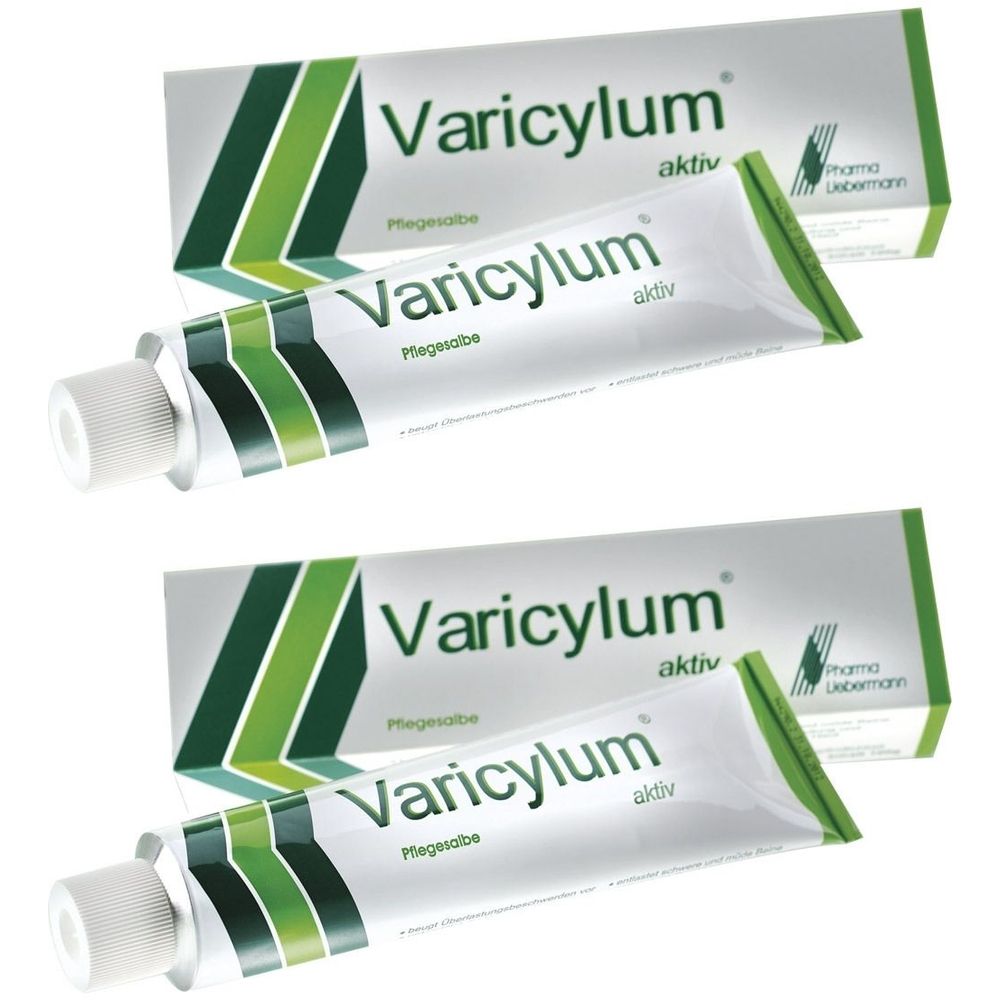 Zwei Tuben und Schachteln mit dem Produktnamen Varicylum aktiv. Die Tuben sind silberfarben mit weißem Verschluss.