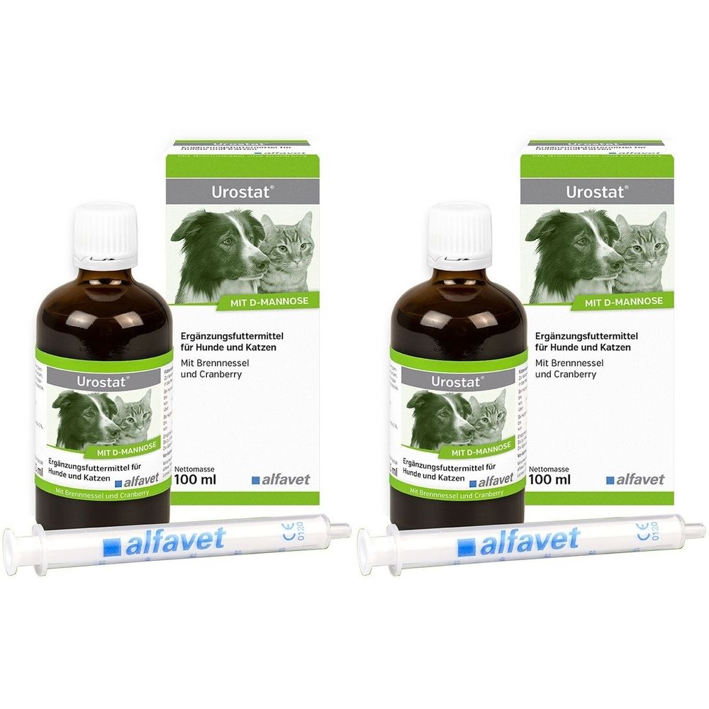 Zwei Flaschen und Verpackungen von Urostat. Braune Flaschen, weiße Kappen. Weiße Verpackung mit Produktnamen und Illustrationen.