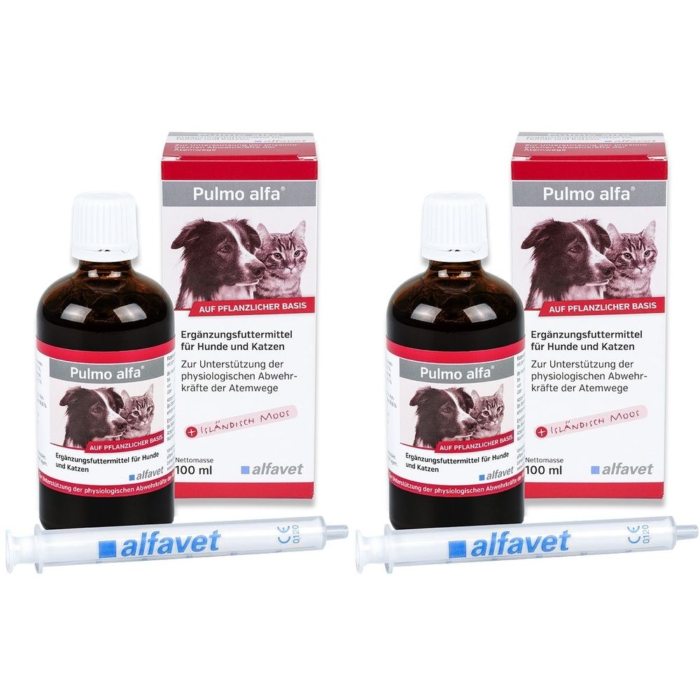 Zwei Flaschen und Verpackungen von Pulmo alfa für Hunde und Katzen. Inklusive Spritzen. Aufschrift: alfavet.