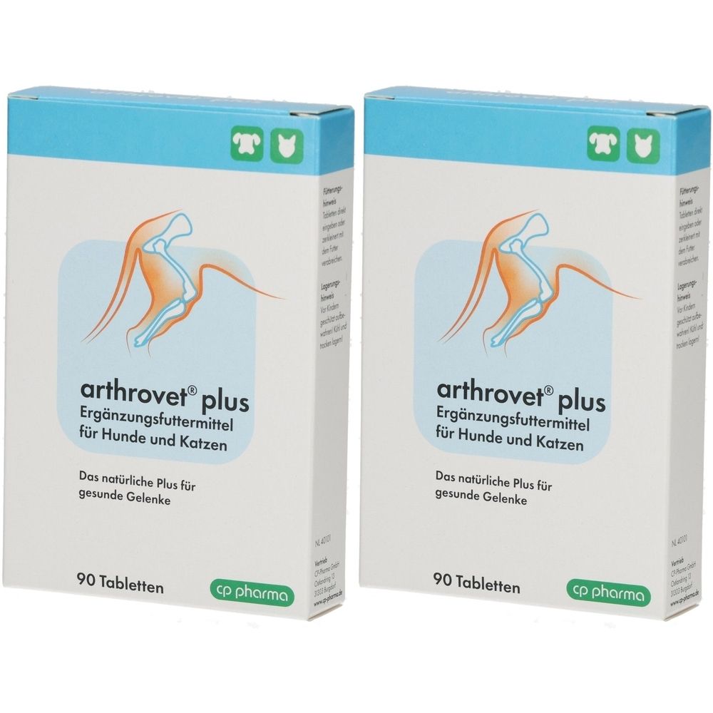 Zwei Kartons arthrovet® plus. Weiß, mit blauem Deckel. Aufdruck: arthrovet® plus, Ergänzungsfuttermittel für Hunde und Katzen, 90 Tabletten.