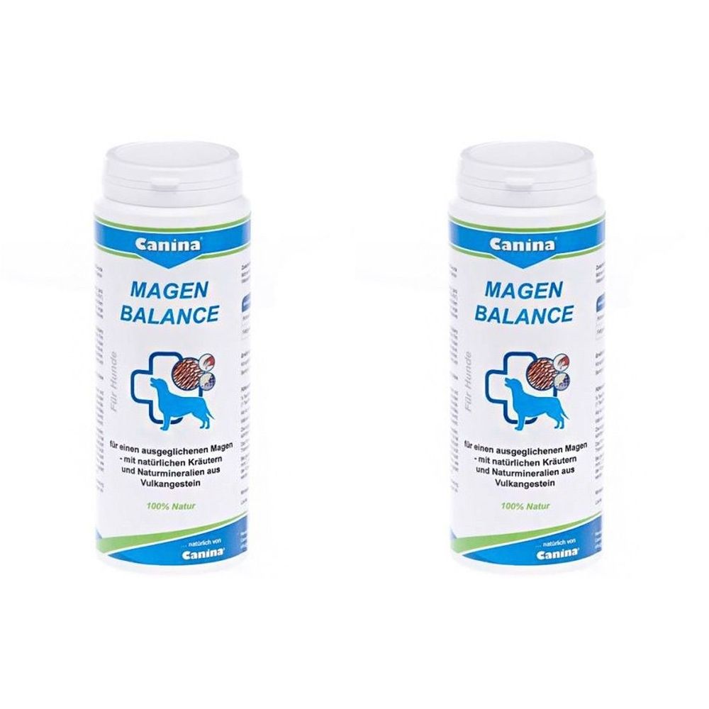 Zwei weiße Flaschen mit blau-weißem Etikett. Aufschrift: Canina Magen Balance. Logo: Hund mit Kreuz. 100% Natur.