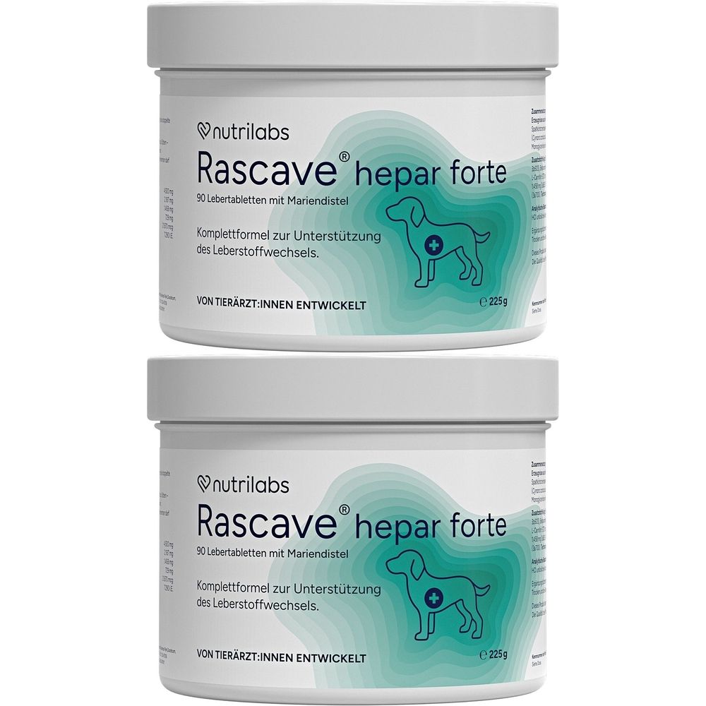 Zwei weiße Dosen mit Produktaufdruck. Aufschrift: Rascave hepar forte, 90 Tabletten mit Mariendistel. Komplettformel für Hunde.