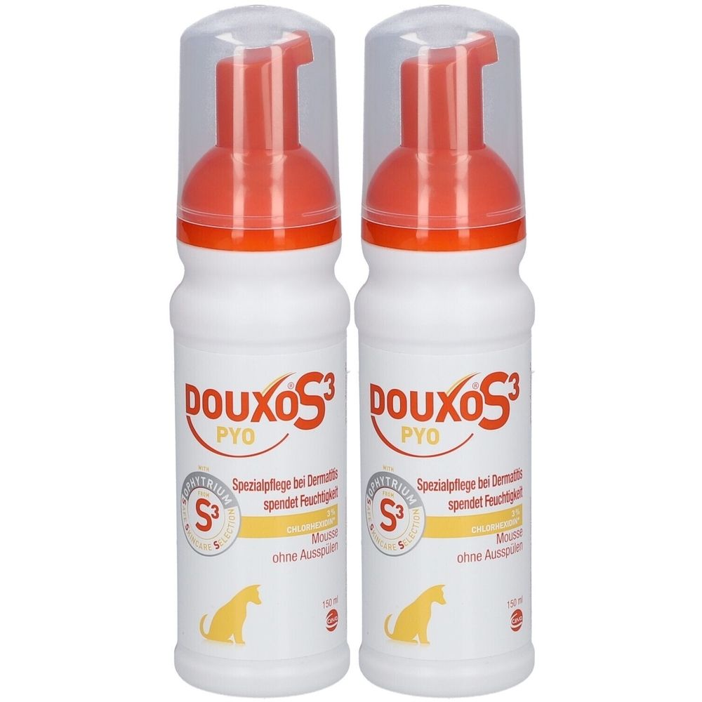 Zwei weiße Flaschen mit orangefarbenen Pumpköpfen. Auf jeder Flasche steht "DOUXO S3 PYO".