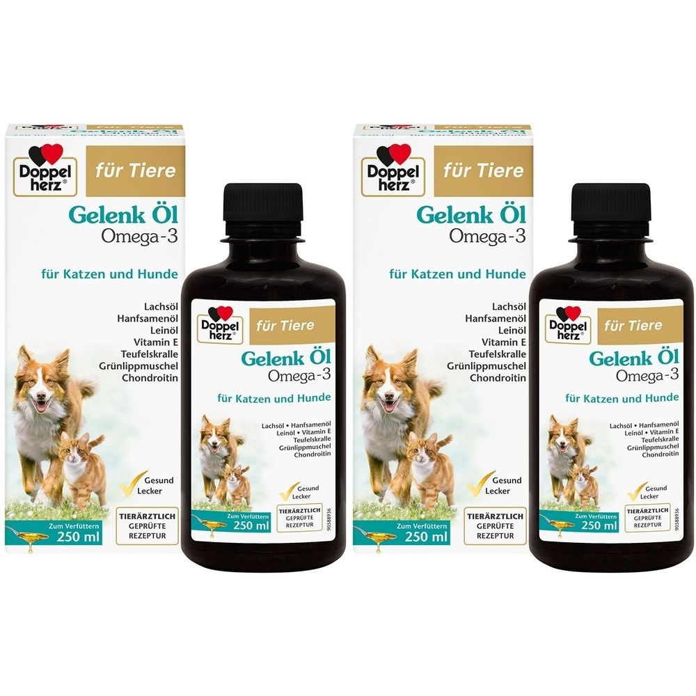 Mehrere Flaschen und Verpackungen. Aufschrift: Gelenk Öl Omega-3 für Katzen und Hunde. Abbildung von Hund und Katze.