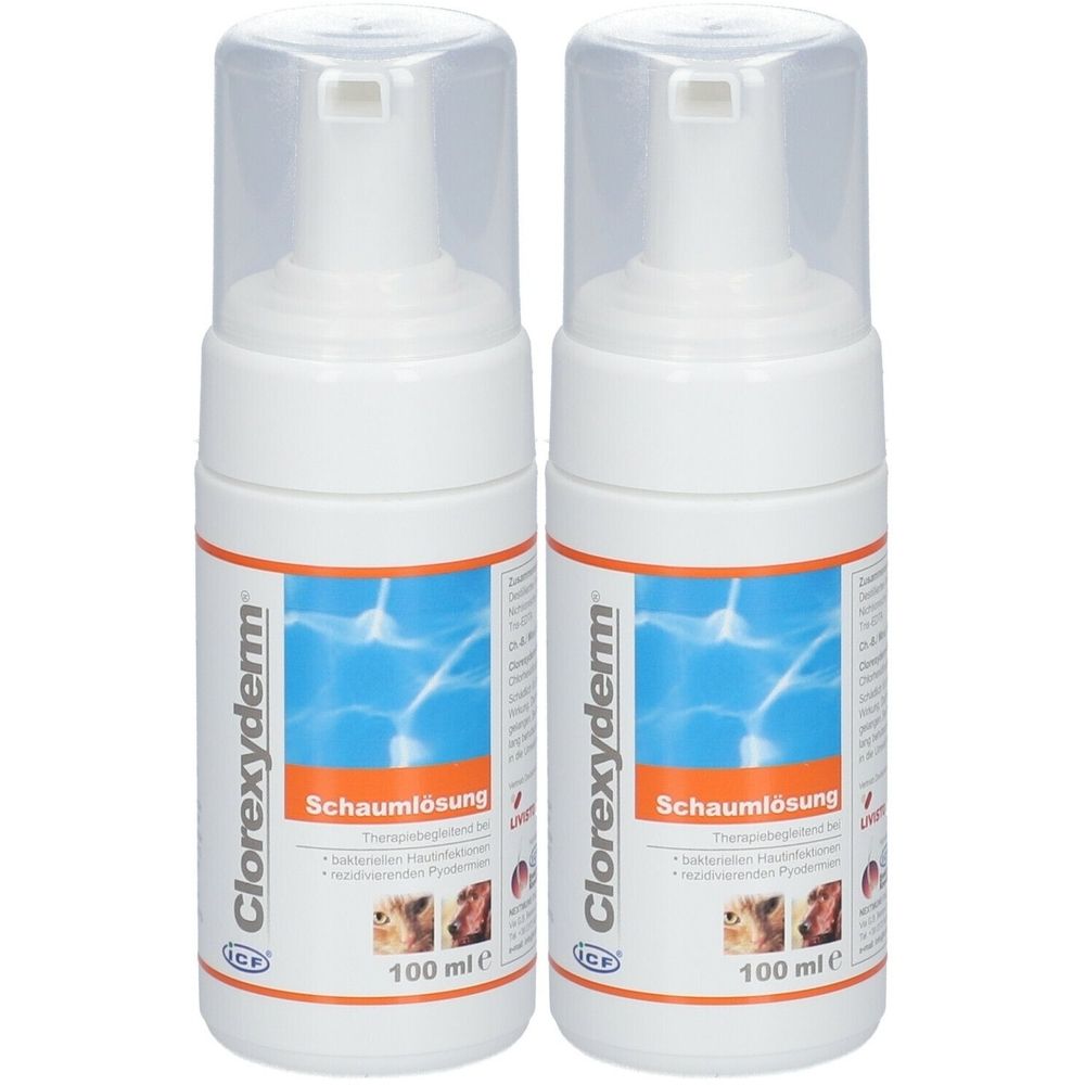 Zwei weiße Flaschen mit Sprühkopf. Aufschrift Clorexyderm Schaumlösung, 100 ml. Abgebildet sind ein Hund und eine Katze.