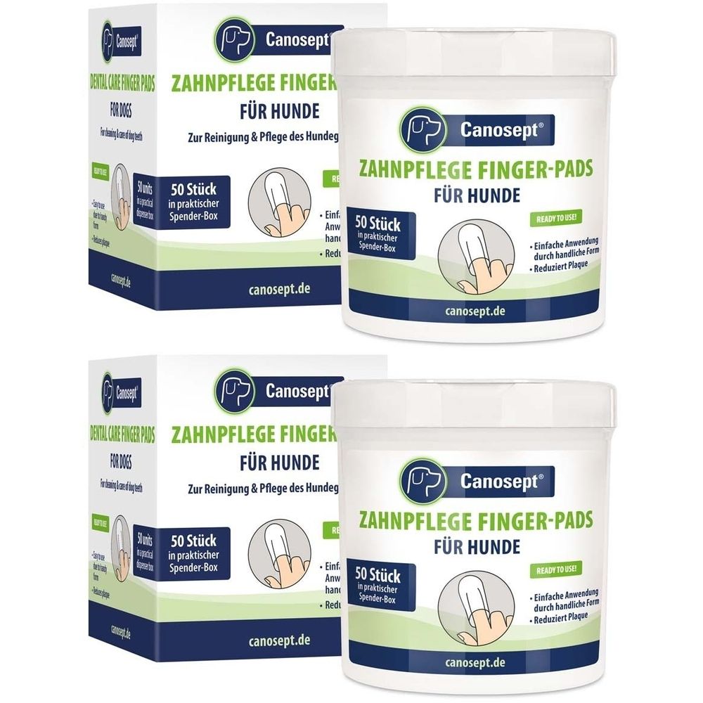 Zwei Packungen und zwei Dosen Finger-Pads für Hunde. Aufschrift: Canosept® Zahnpflege Finger-Pads für Hunde. 50 Stück.