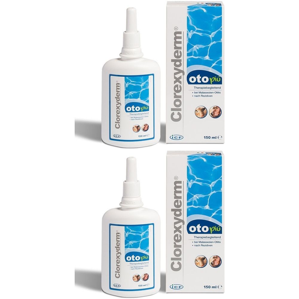 Zwei Flaschen und zwei Kartons. Auf den Flaschen und Kartons steht "Clorexyderm® oto piu".