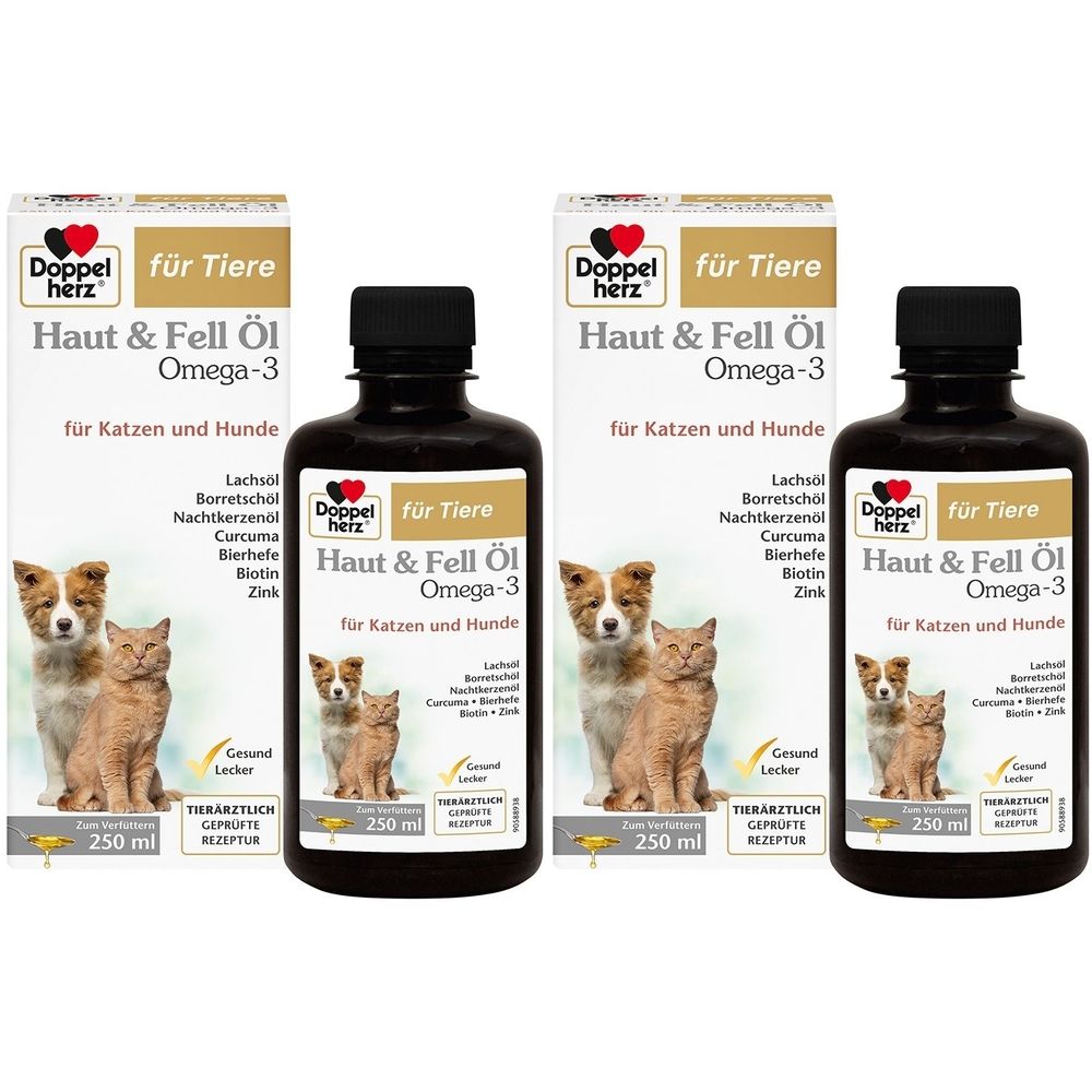 Drei Flaschen und drei Kartons. Aufschrift: Doppelherz für Tiere Haut & Fell Öl Omega-3 für Katzen und Hunde. 250 ml.