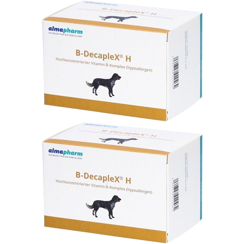 Zwei weiße Kartons mit Produktaufdruck. Aufschrift: B-DecapleX® H, hochkonzentrierter Vitamin B-Komplex. Marke: almapharm. Abbildung eines Hundes.