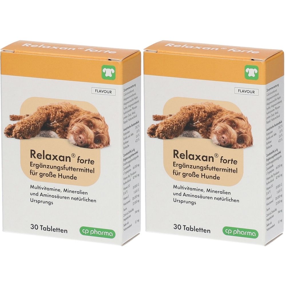 Zwei Kartons Relaxan forte. Aufdruck: Ergänzungsfuttermittel für große Hunde. Enthält Multivitamine, Mineralien und Aminosäuren. 30 Tabletten.