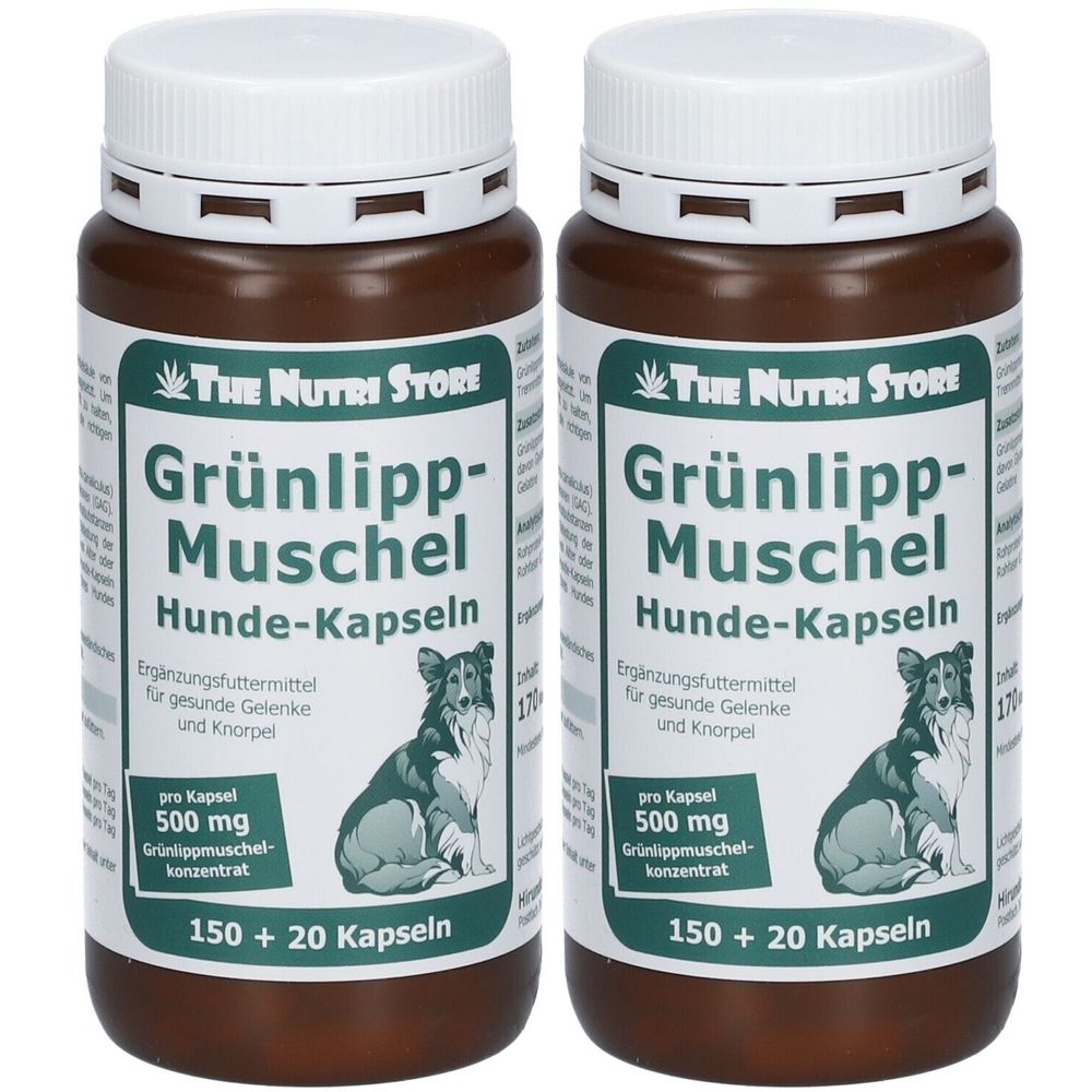 Zwei braune Flaschen mit weißen Deckeln. Aufschrift: Grünlipp-Muschel Hunde-Kapseln. Enthält 150+20 Kapseln. Marke: The Nutri Store.