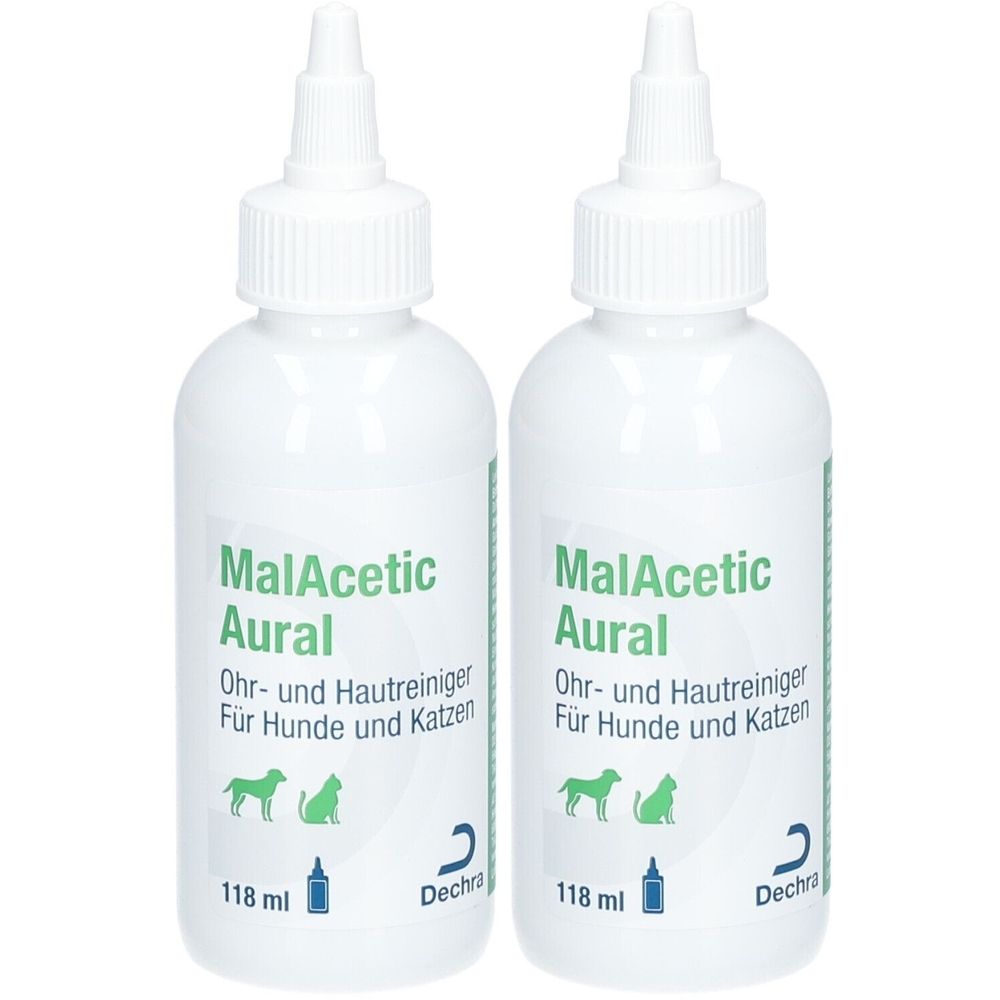 Zwei weiße Flaschen mit grünem Etikett. Aufschrift: MalAcetic Aural, Ohr- und Hautreiniger für Hunde und Katzen. 118 ml.