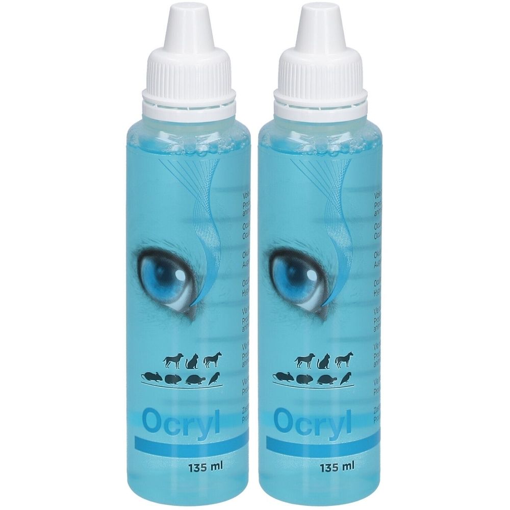 Zwei blaue Flaschen mit weißem Verschluss. Aufschrift Ocryl, Tieraugen-Illustration. 135 ml.