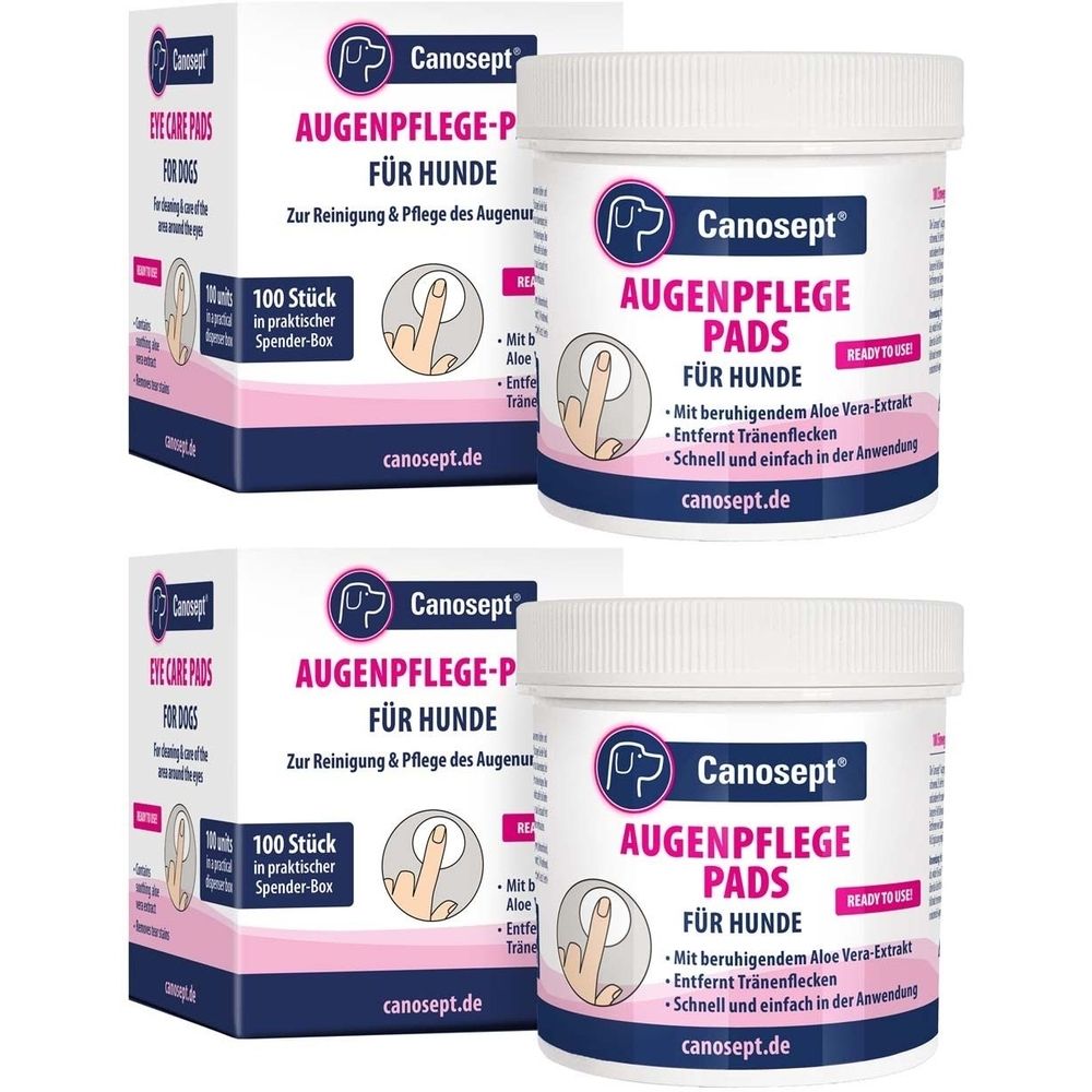 Zwei Dosen und zwei Kartons Canosept® Augenpflege-Pads für Hunde. Aufschrift: Augenpflege-Pads, 100 Stück in praktischer Spender-Box.