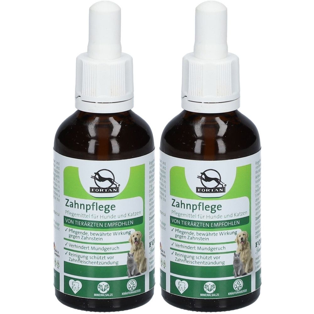 Zwei Flaschen FORTAN Zahnpflegemittel. Braune Glasflaschen mit weißem Sprühkopf und grün-weißem Etikett. Aufschrift: Zahnpflege.