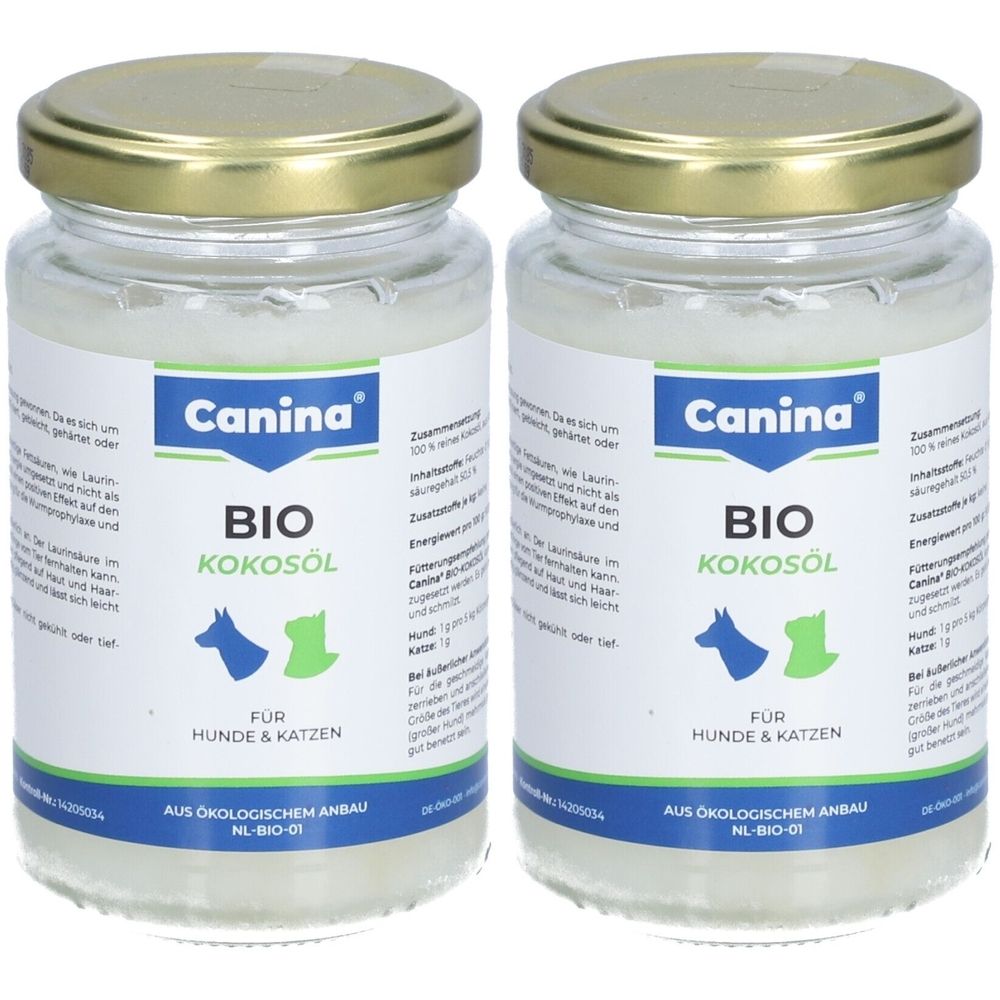 Zwei Gläser mit Kokosöl. Auf dem Etikett steht "Canina BIO Kokosöl" für Hunde und Katzen. Goldfarbener Deckel, Glasbehälter mit weißem Inhalt.