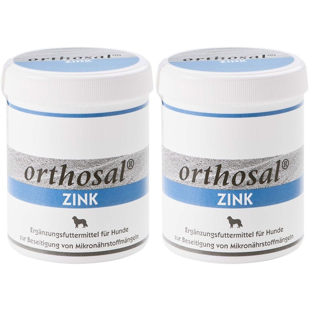 Zwei weiße Dosen mit blauem Streifen. Aufschrift: orthosal ZINK. Ergänzungsfuttermittel für Hunde zur Beseitigung von Mikronährstoffmängeln.