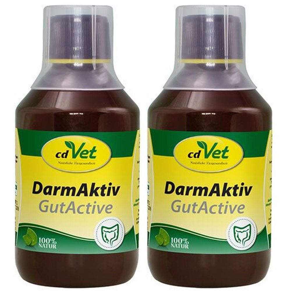Zwei Flaschen mit brauner Flüssigkeit. Auf gelbem Etikett steht "DarmAktiv GutActive" und "cd Vet". Grün-weißes Logo mit Blatt und Darm-Symbol.