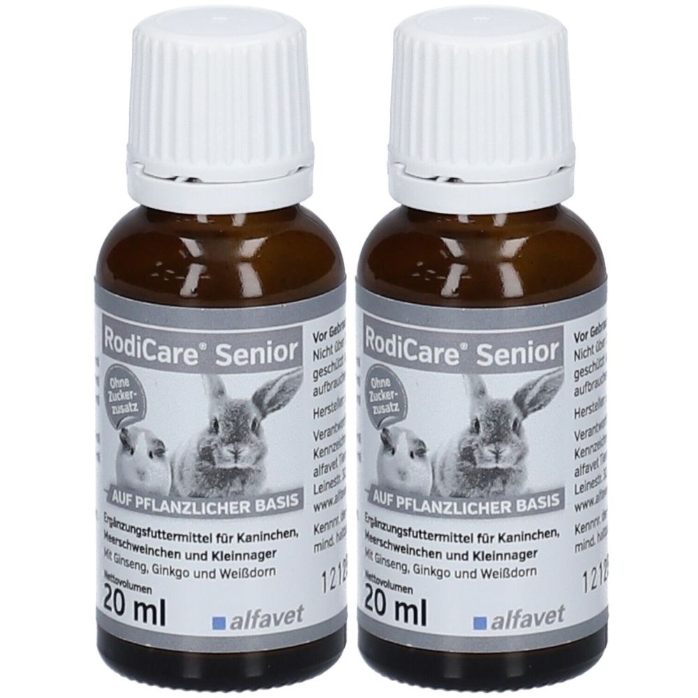 Zwei braune Flaschen mit weißem Deckel. Aufschrift RodiCare Senior, Abbildung von Kaninchen. 20 ml, alfavet.