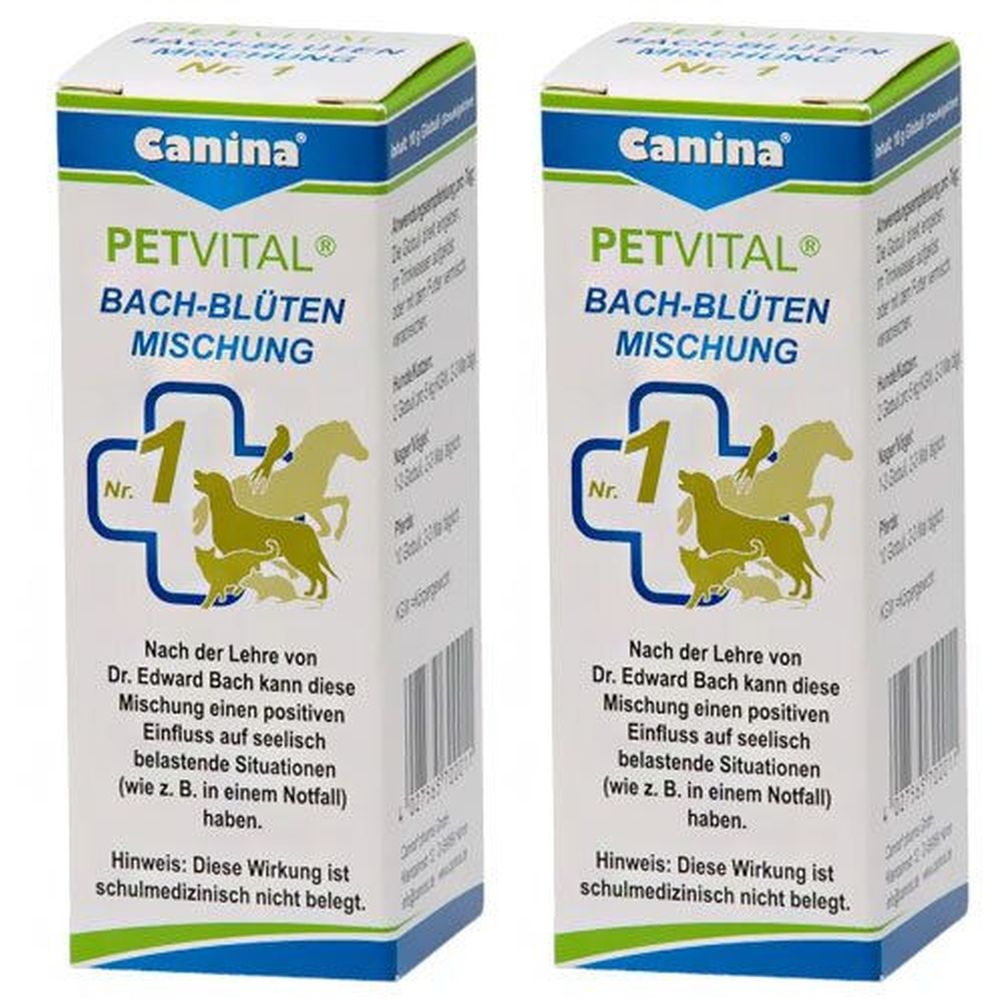 Zwei Schachteln mit "Canina PETVITAL Bach-Blüten Mischung Nr. 1". Aufdruck mit Logo, Text und Illustrationen von Tieren.