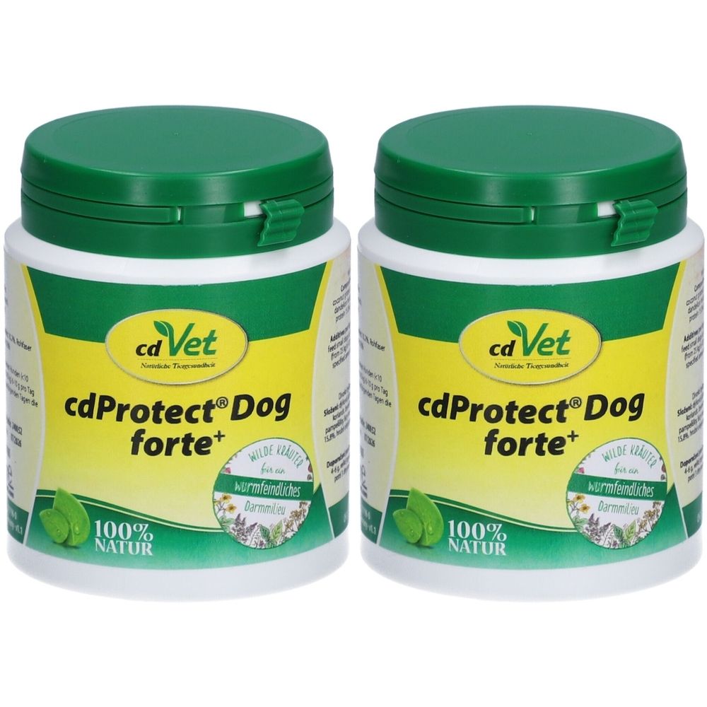 Zwei weiße Dosen mit grünem Deckel. Aufschrift: cdProtect® Dog forte+, caVet, 100% Natur. Etikett mit Kräutern und Blättern.