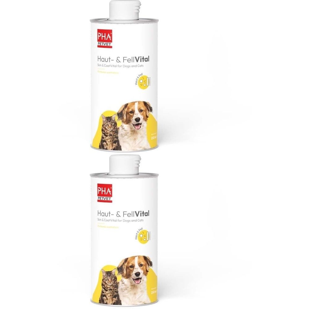 Zwei zylindrische Behälter mit weißem Deckel. Aufschrift: PHA, Haut- & FellVital. Abbildung von Katze und Hund. Gelber Hintergrund.