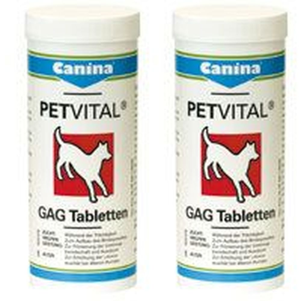 Zwei zylindrische Behälter mit weißem Deckel. Aufschrift: Canina, PETVITAL, GAG Tabletten. Abbildung eines Hundes auf rotem Hintergrund.