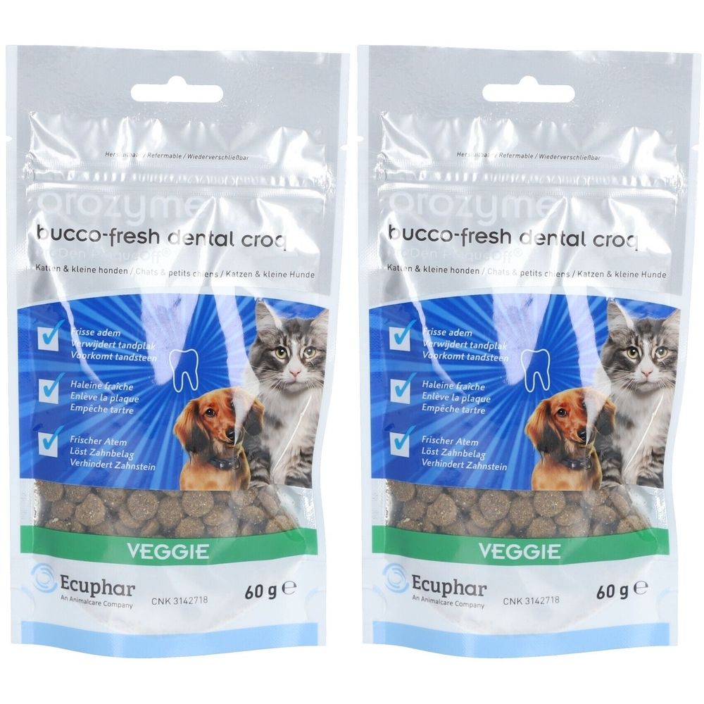 Zwei Beutel Orozyme Bucco-Fresh Dental Croq. Aufdrucke: Katze, Hund, Zähne, Veggie, Ecuphar. Inhalt: 60 g.