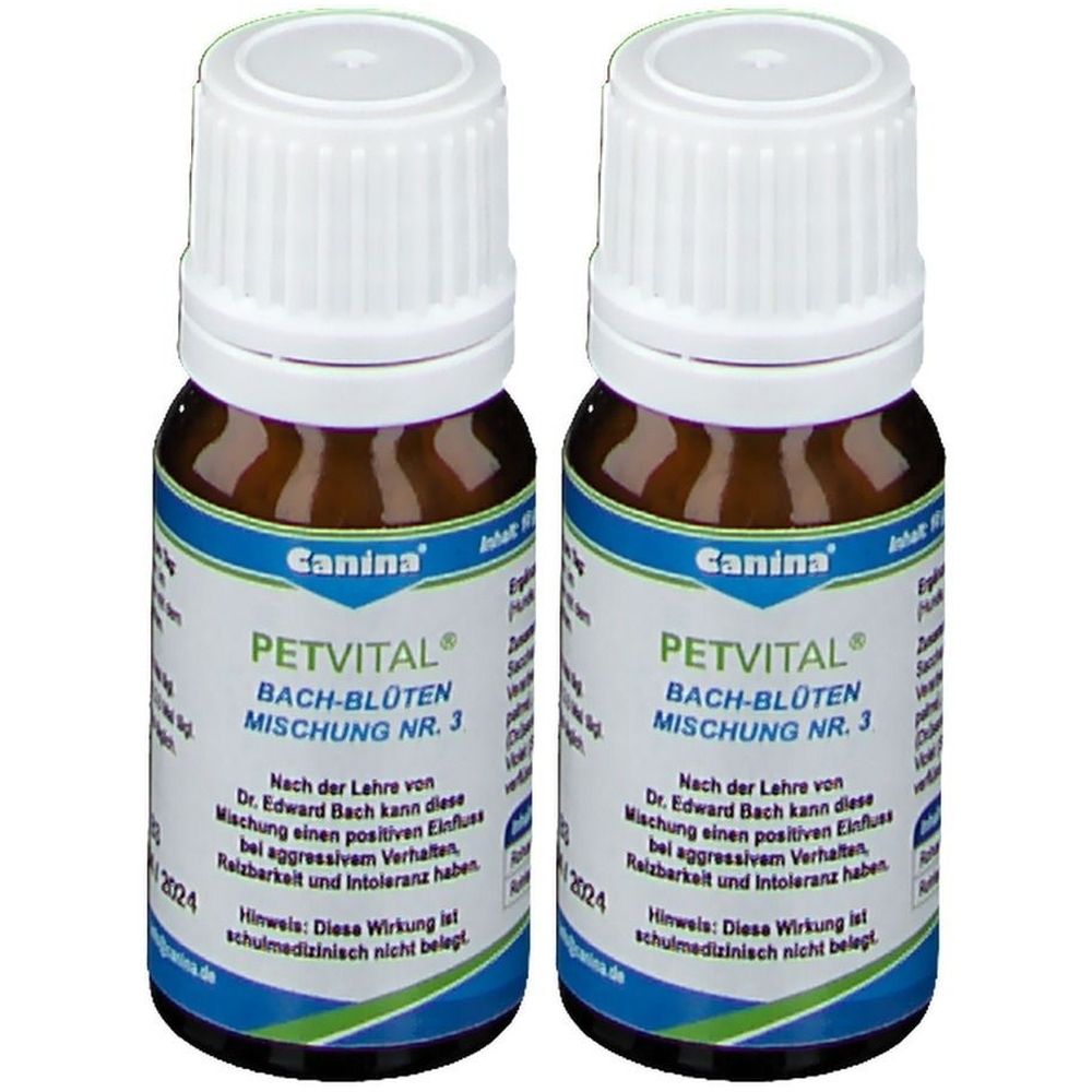 Zwei Flaschen mit weißem Deckel und blau-weißem Etikett. Aufschrift: PETVITAL Bach-Blüten Mischung Nr. 3. Marke: Canina.