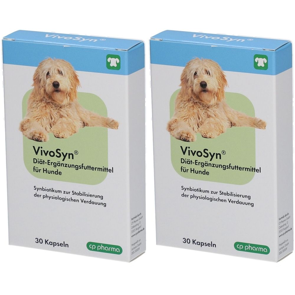 Zwei identische Kartons mit dem Produktnamen VivoSyn®. Aufdruck: Diät-Ergänzungsfuttermittel für Hunde. 30 Kapseln. Logo: Hund.