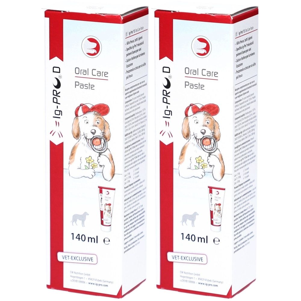 Zwei Kartons Ig-Pro D Oral Care Paste. Aufdruck: Hund mit Lupe, 140 ml, VET EXCLUSIVE.