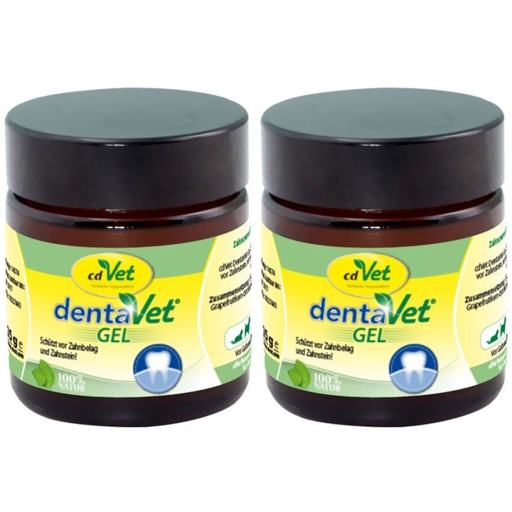 Zwei braune Tiegel mit schwarzem Deckel. Auf den Etiketten steht "cd Vet dentaVet GEL". Gelb-grünes Etikett mit Zahn-Symbol.