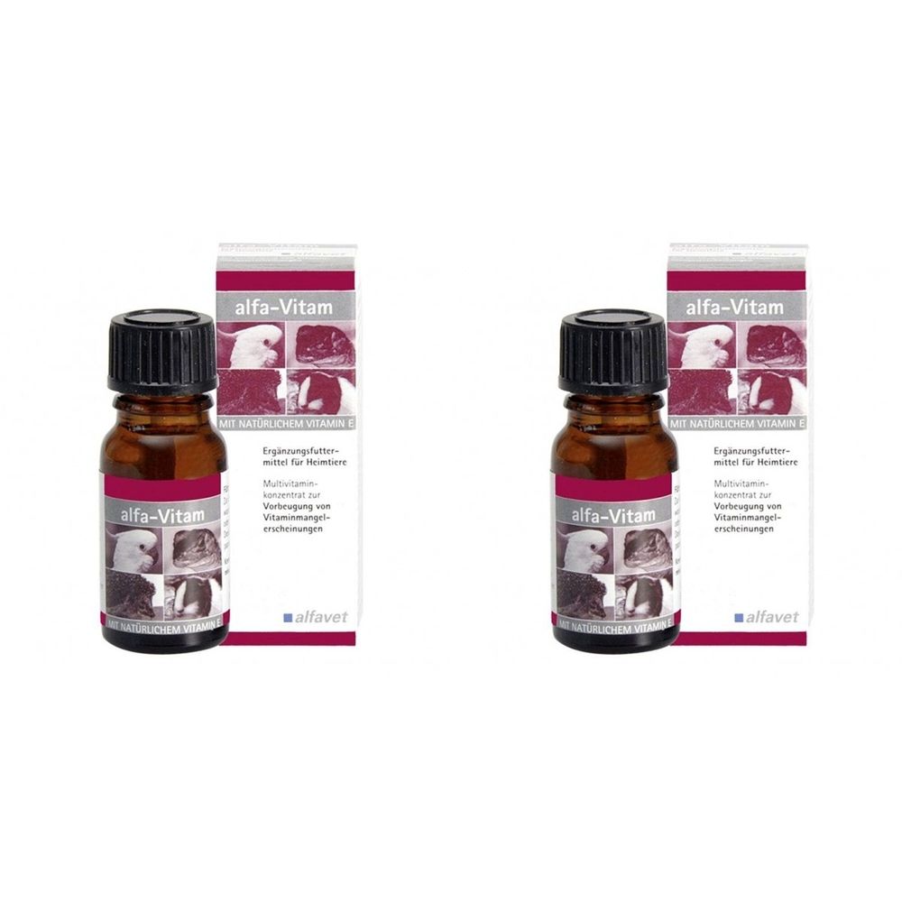 Braune Glasflasche mit schwarzem Deckel und Kartonverpackung. Aufschrift alfa-Vitam.