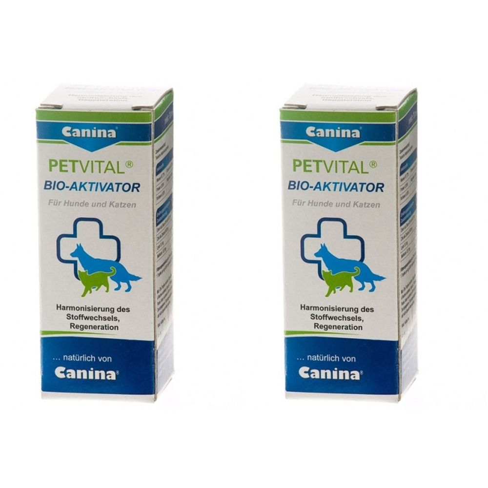 Zwei rechteckige Kartons. Aufschrift: Canina PETVITAL BIO-AKTIVATOR. Logo mit Hund und Katze. Text: Harmonisierung des Stoffwechsels, Regeneration.