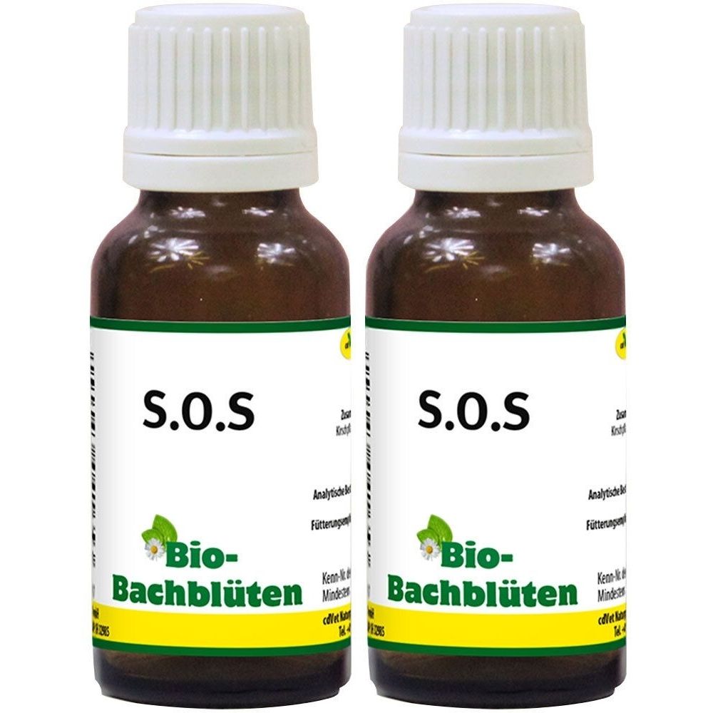 Zwei braune Glasflaschen mit weißen Etiketten. Aufschrift: S.O.S Bio-Bachblüten. Weiße Kappe.