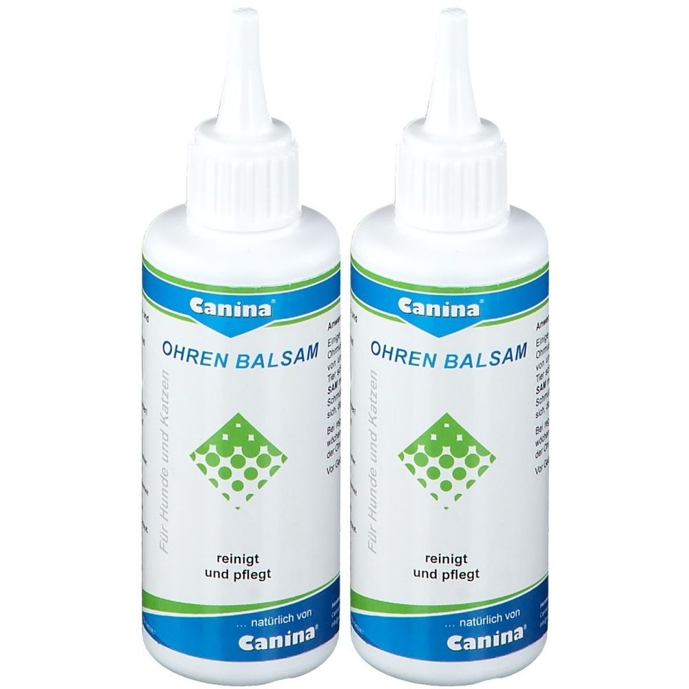 Zwei weiße Flaschen mit spitzem Applikator. Aufschrift: Canina Ohren Balsam. Grün-weiße Etiketten. Für Hunde und Katzen.