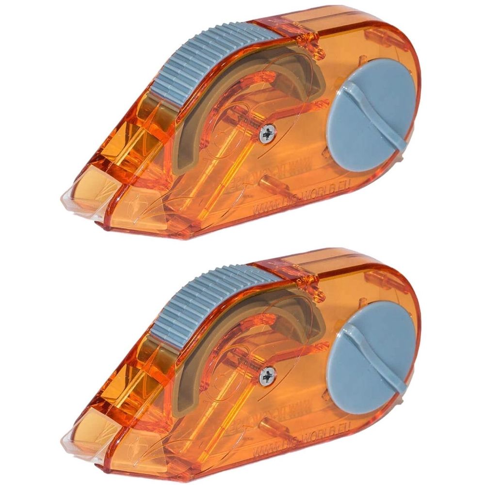 Zwei orangefarbene Zeckenmaus-Geräte. Jedes hat eine blaue Rolle und einen blauen Drehknopf. Transparente Kunststoffgehäuse.