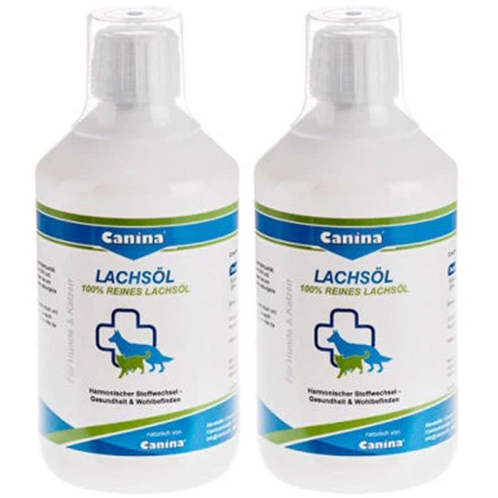 Zwei weiße Flaschen mit blau-weißem Etikett. Aufschrift: Canina Lachsöl, 100% reines Lachsöl. Logo mit Hund und Katze.