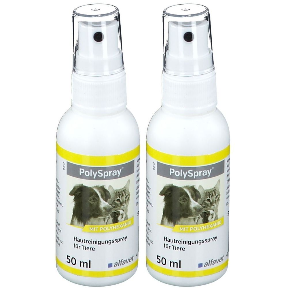 Zwei weiße Sprühflaschen mit gelben Etiketten. Aufschrift: PolySpray, Hautreinigungsspray für Tiere. Abbildung von Hund und Katze. 50 ml.