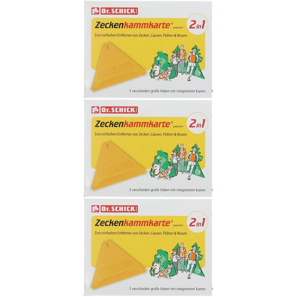 Drei Packungen Zeckenkammkarte. Jede Packung zeigt eine gelbe, dreieckige Karte. Aufgedruckt sind Produktname, Marke und 2in1.
