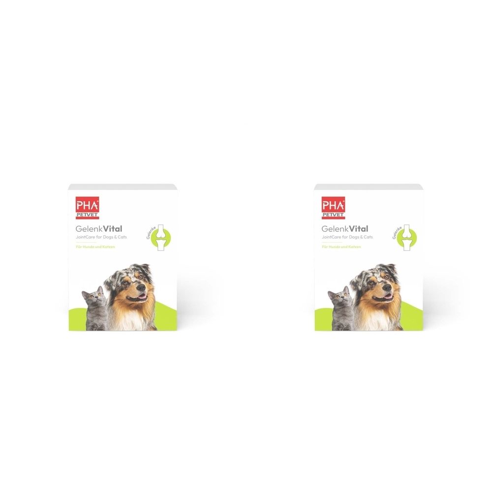 Weiße Verpackung mit Logo und Produktnamen. Abbildung von Hund und Katze. Grüner Akzent. Gelenk Vital.