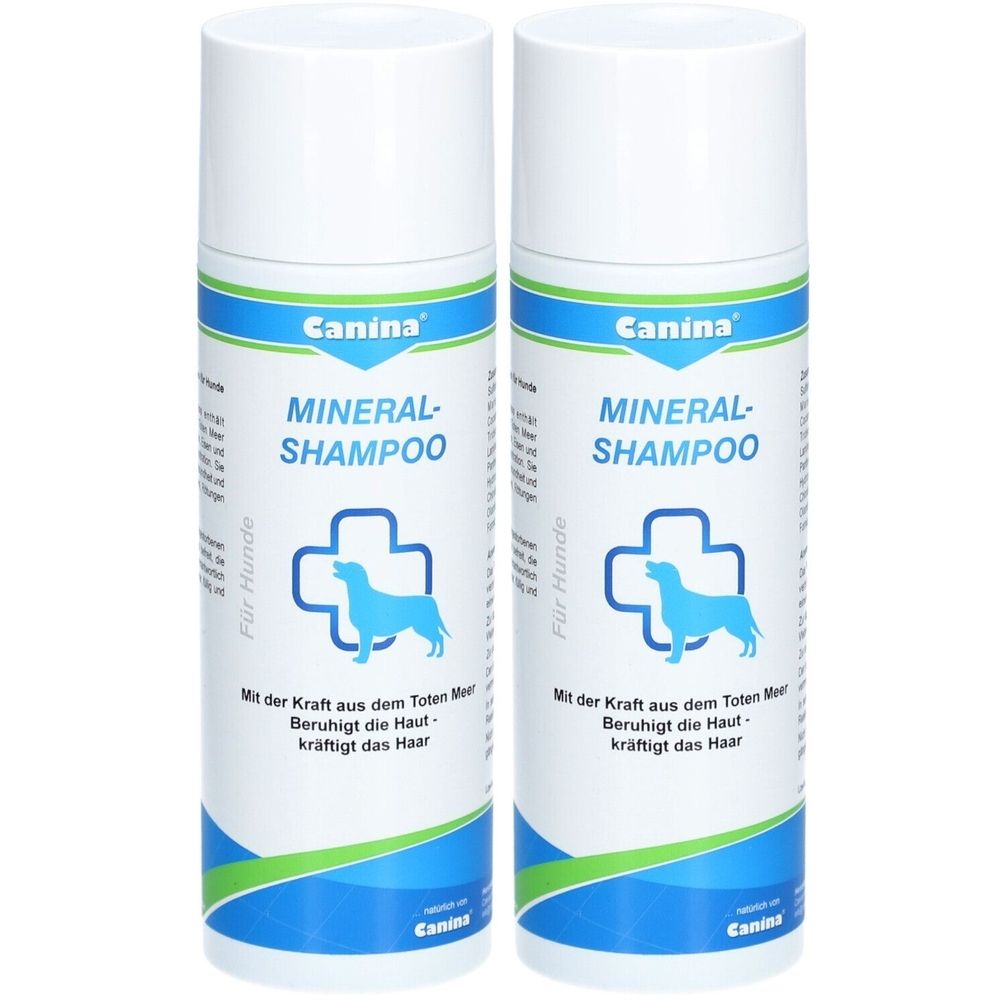 Zwei weiße Flaschen Canina Mineral-Shampoo. Blaue und grüne Etiketten mit Produktnamen, Logo und Hundesilhouette. Text: Für Hunde.