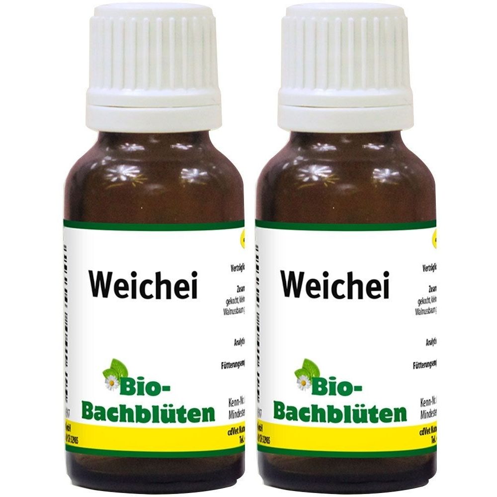 Zwei braune Glasflaschen mit weißem Deckel und Etikett. Aufschrift: Weichei, Bio-Bachblüten. Gelber und grüner Streifen.