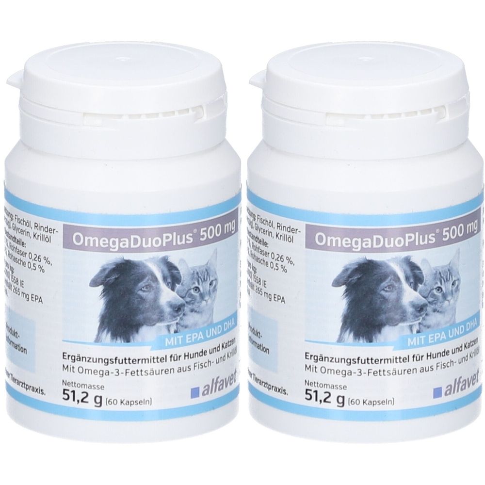 Zwei weiße Flaschen mit OmegaDuoPlus 500 mg. Aufschrift: Ergänzungsfuttermittel für Hunde und Katzen. Abbildung von Hund und Katze. Marke: Alfavet.