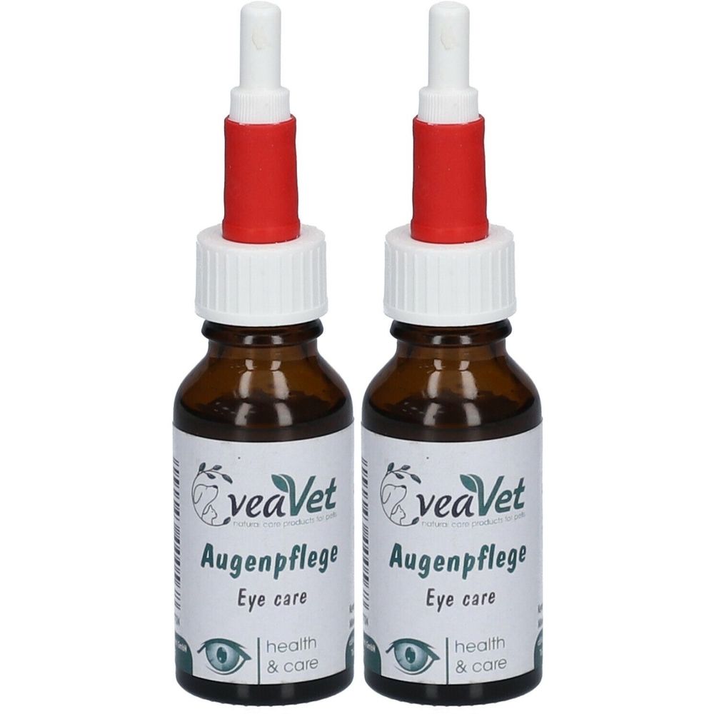 Zwei braune Glasflaschen mit weißen Etiketten. Aufschrift: veaVet Augenpflege, Eye care. Rote und weiße Tropferaufsätze.