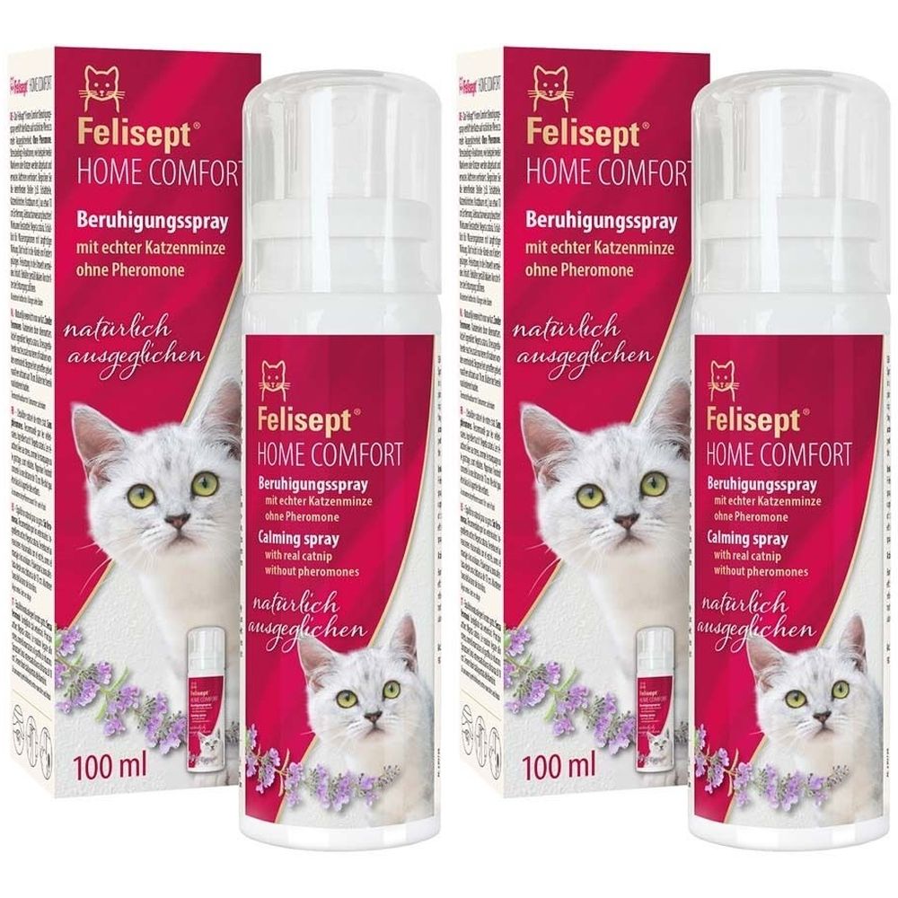 Mehrere Sprühflaschen und Verpackungen. Aufschrift: Felisept Home Comfort Beruhigungsspray. Enthält Katzenminze. 100 ml.