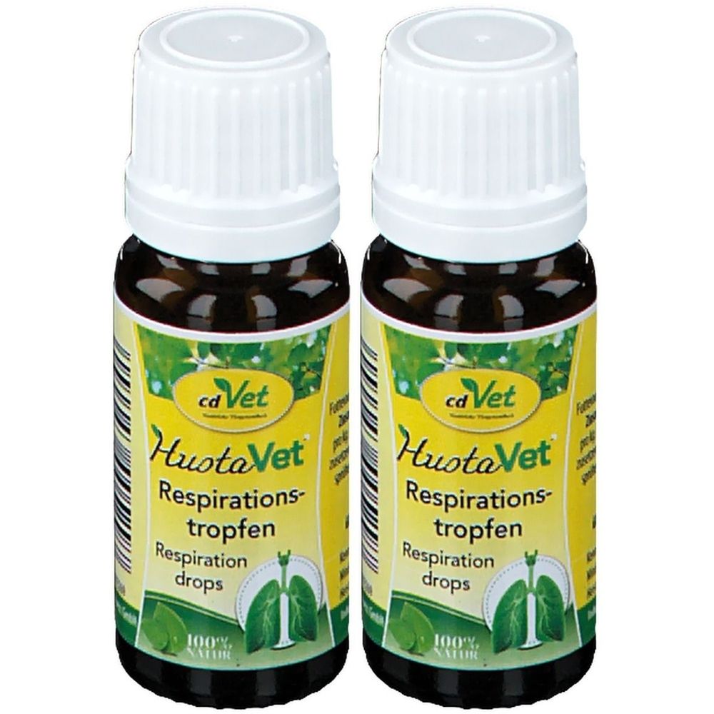 Zwei Flaschen mit weißem Deckel und braunem Glas. Etikett mit "cd Vet HustaVet Respirationstropfen". Darstellung der Lunge.