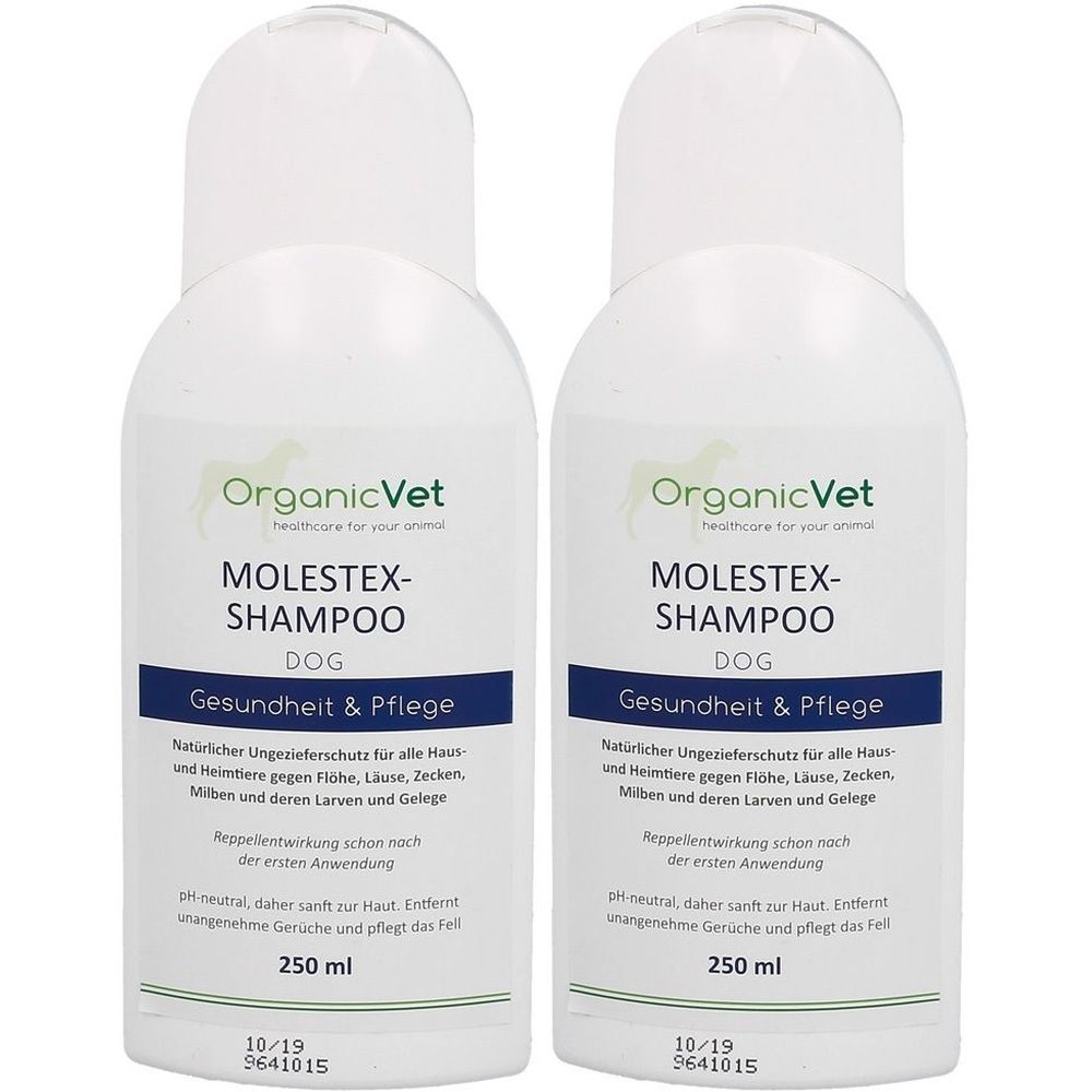 Zwei weiße Flaschen OrganicVet Molestex Shampoo für Hunde. Aufschrift: Gesundheit & Pflege, 250 ml. Mit weißem Verschluss.