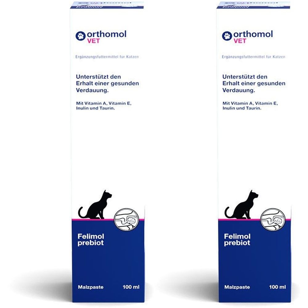 Zwei Tuben Orthomol VET Felimol prebiot Malzpaste. Blaue Verpackung mit Katzen-Silhouette und Produktnamen.